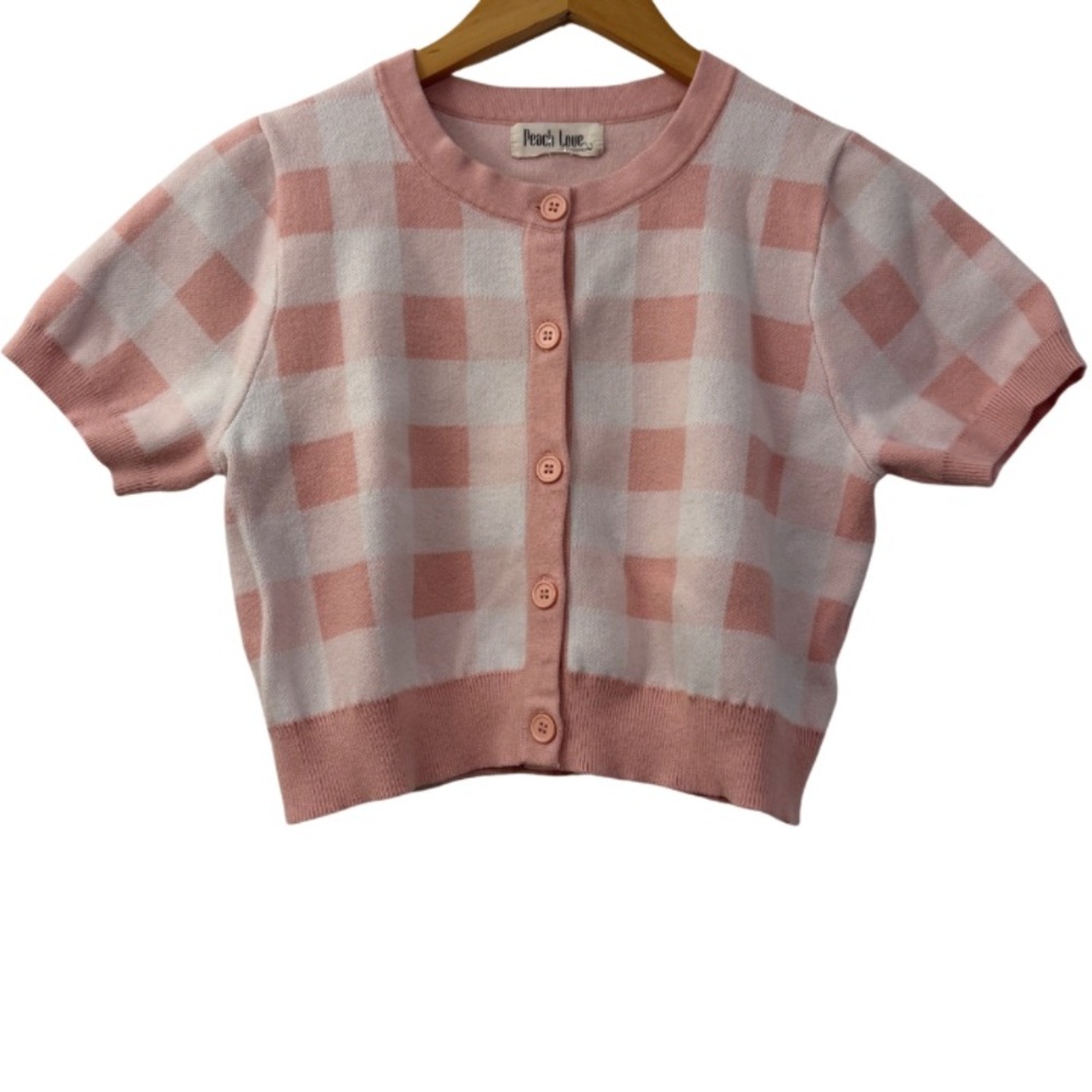 Peach Love Pink Gingham Cropped Cardigan Top, Womens Size L Short Sleeve Preppy